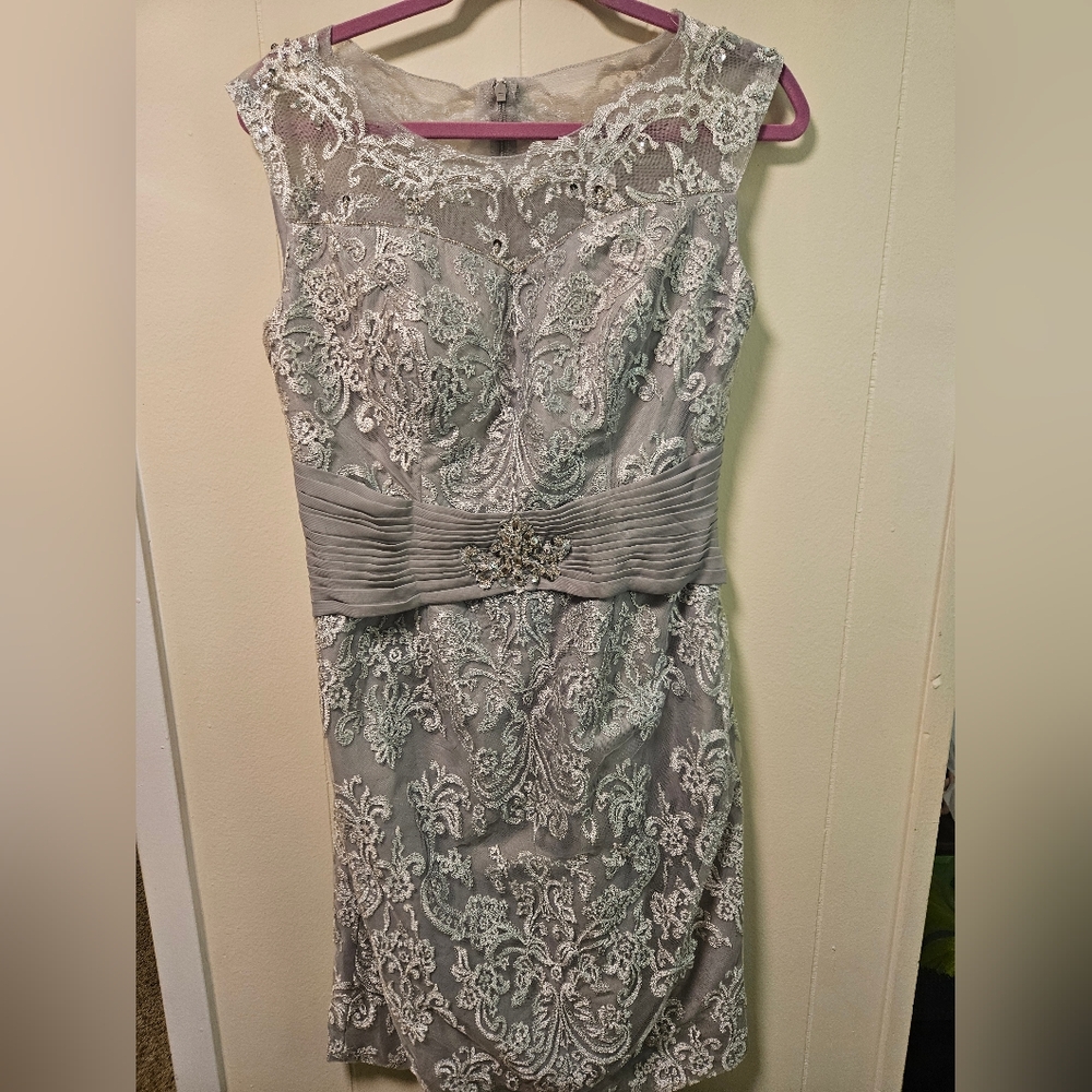 Elegant Lace Overlay Silver Dress